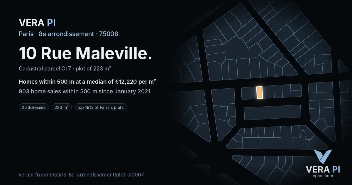 10 Rue Maleville, 8e arrondissement at night – the plot lit, the parcels around coloured by the prices near them