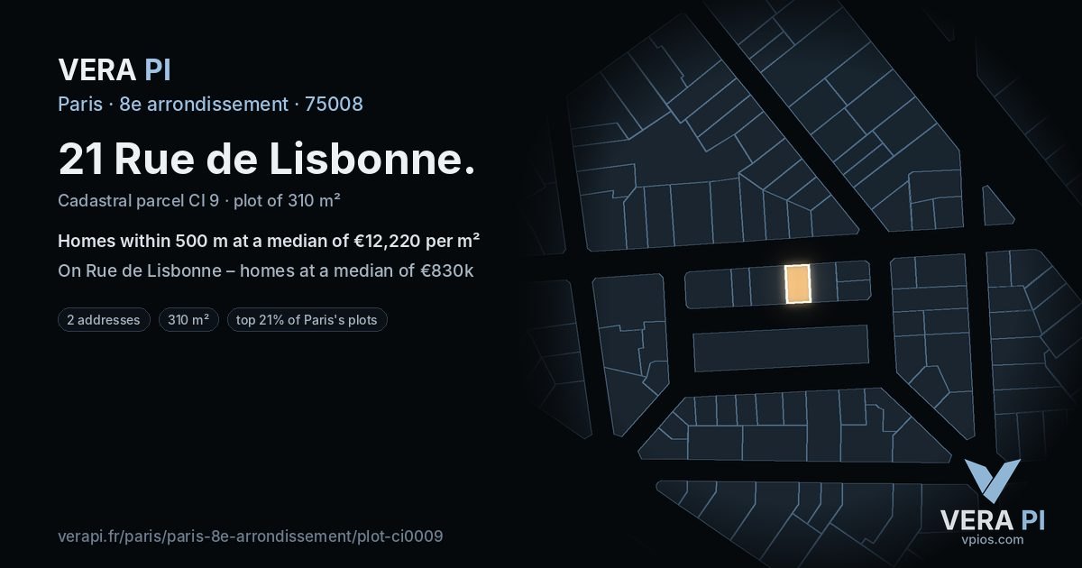 21 Rue de Lisbonne, 8e arrondissement at night – the plot lit, the parcels around coloured by the prices near them