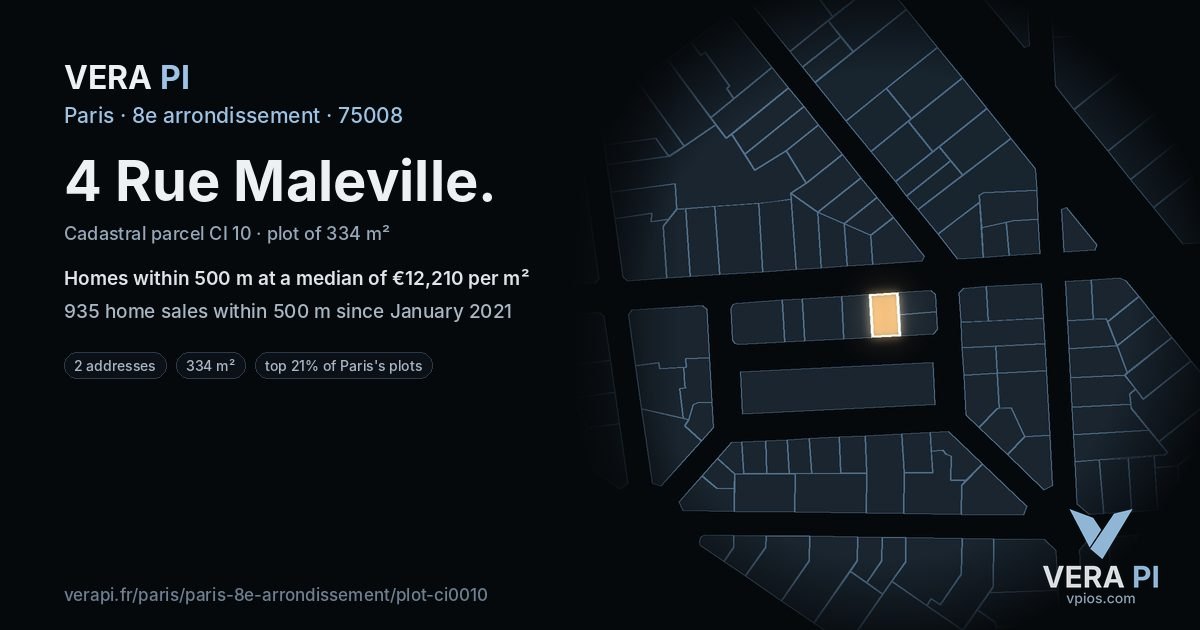 4 Rue Maleville, 8e arrondissement at night – the plot lit, the parcels around coloured by the prices near them
