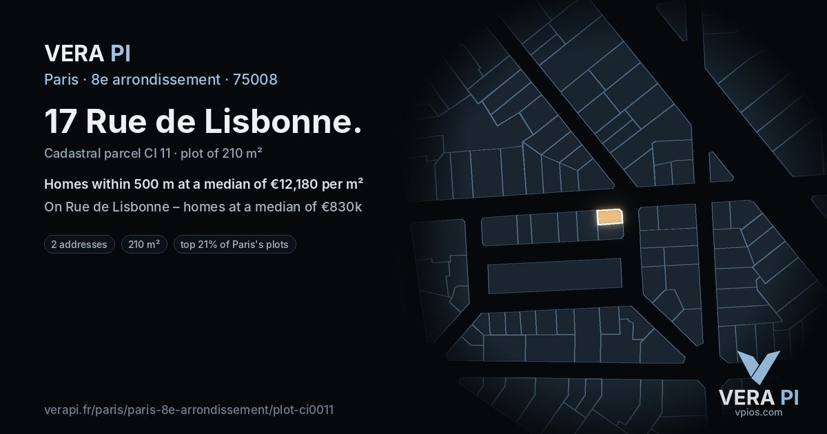 17 Rue de Lisbonne, 8e arrondissement at night – the plot lit, the parcels around coloured by the prices near them