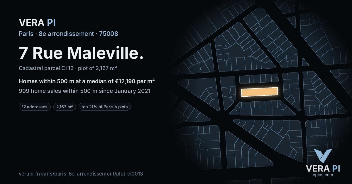 7 Rue Maleville, 8e arrondissement at night – the plot lit, the parcels around coloured by the prices near them