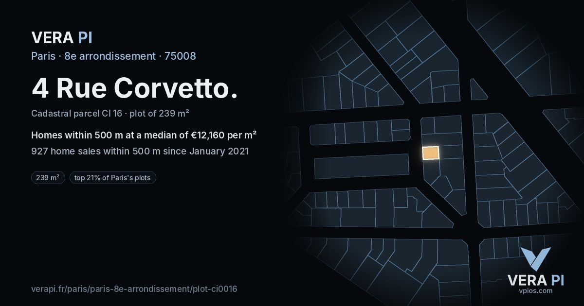4 Rue Corvetto, 8e arrondissement at night – the plot lit, the parcels around coloured by the prices near them