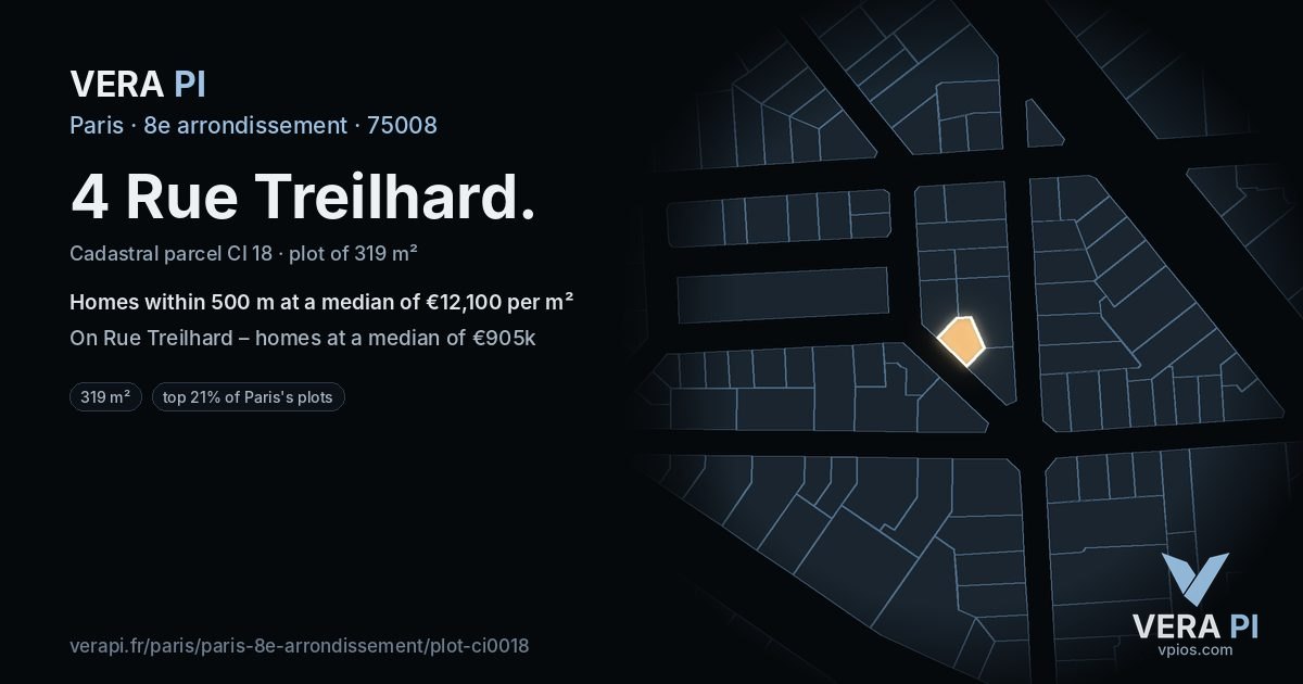 4 Rue Treilhard, 8e arrondissement at night – the plot lit, the parcels around coloured by the prices near them