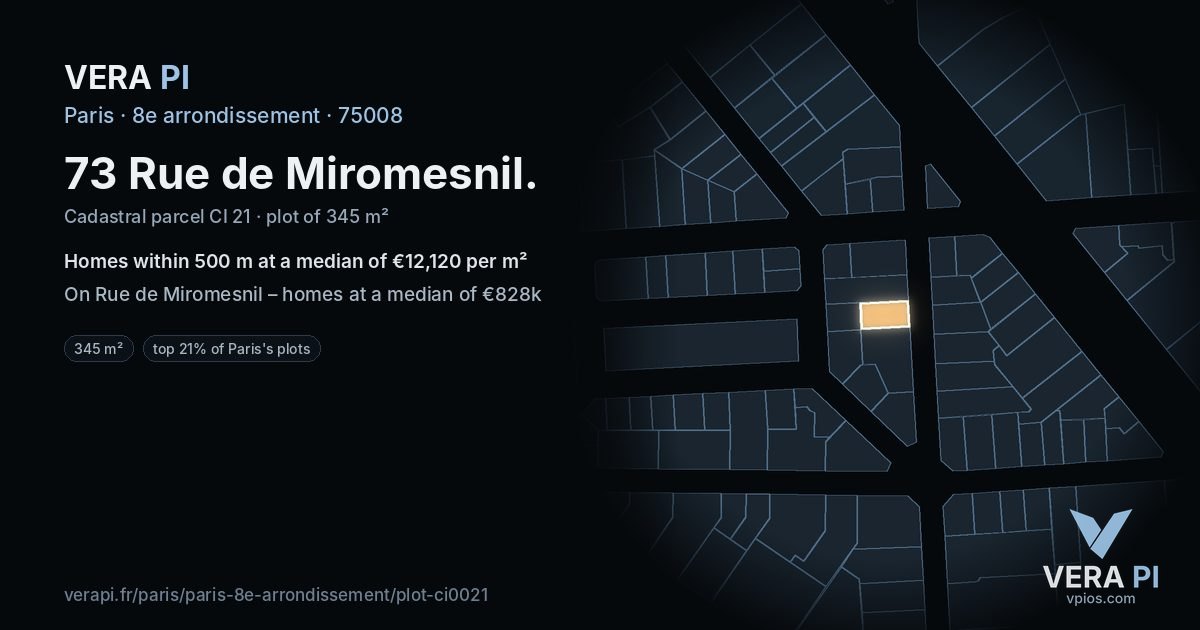 73 Rue de Miromesnil, 8e arrondissement at night – the plot lit, the parcels around coloured by the prices near them