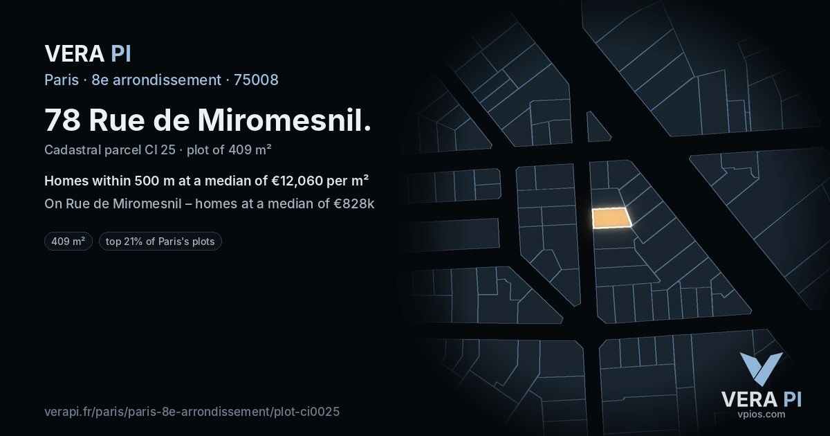 78 Rue de Miromesnil, 8e arrondissement at night – the plot lit, the parcels around coloured by the prices near them