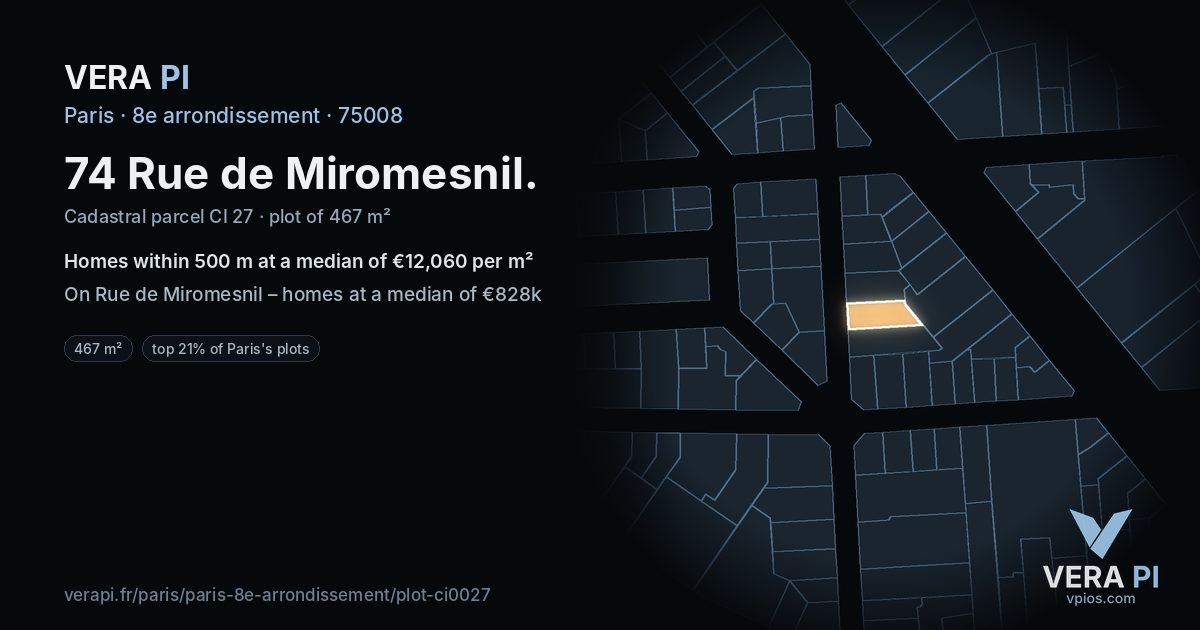 74 Rue de Miromesnil, 8e arrondissement at night – the plot lit, the parcels around coloured by the prices near them