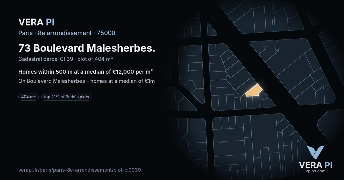 73 Boulevard Malesherbes, 8e arrondissement at night – the plot lit, the parcels around coloured by the prices near them