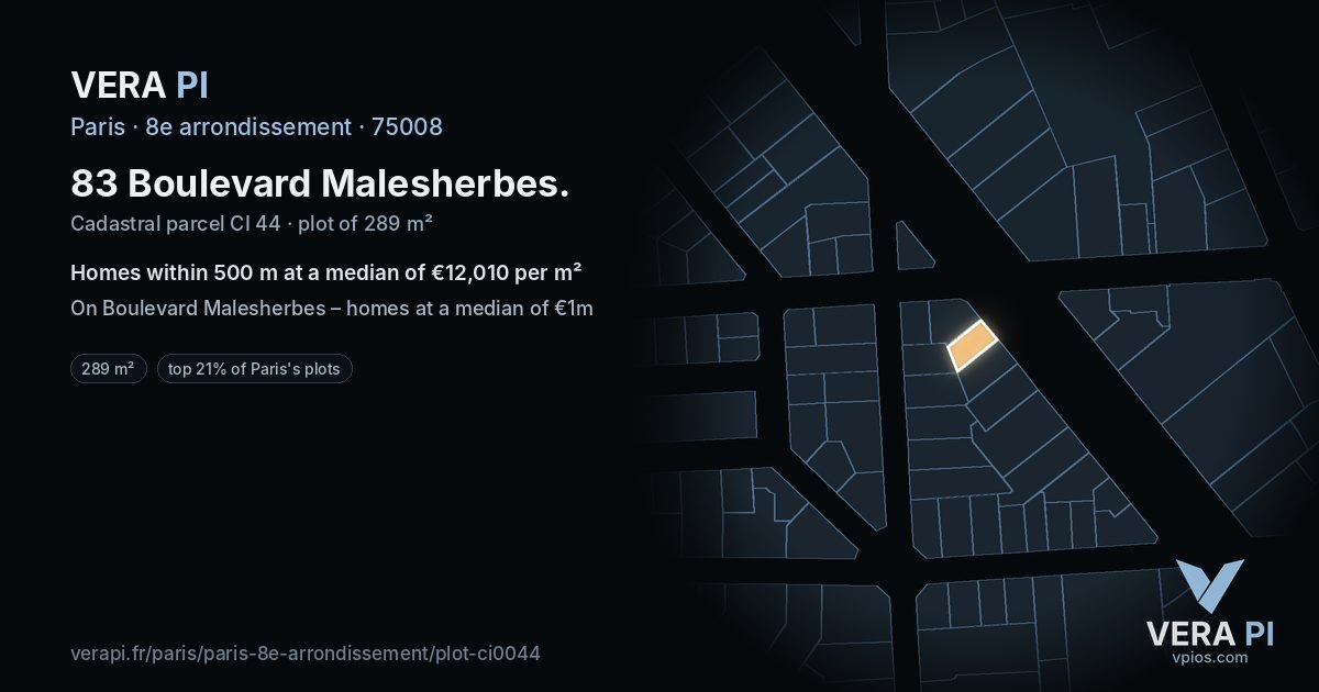 83 Boulevard Malesherbes, 8e arrondissement at night – the plot lit, the parcels around coloured by the prices near them