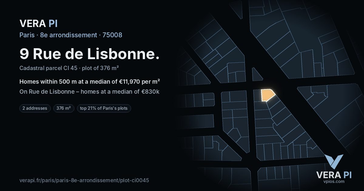 9 Rue de Lisbonne, 8e arrondissement at night – the plot lit, the parcels around coloured by the prices near them