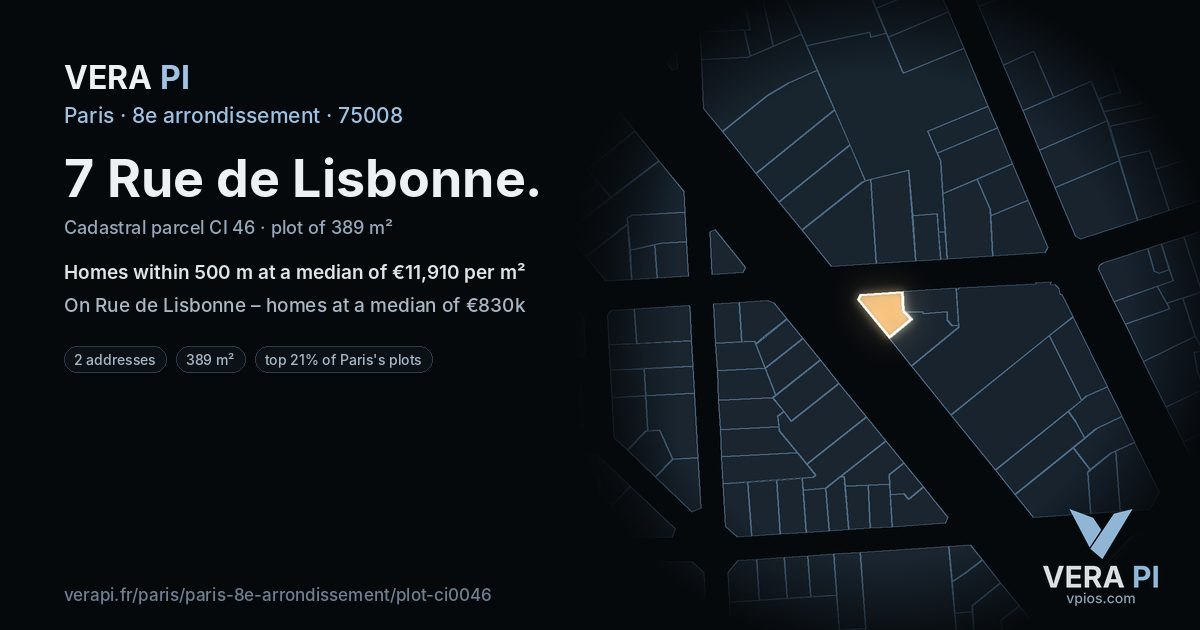7 Rue de Lisbonne, 8e arrondissement at night – the plot lit, the parcels around coloured by the prices near them