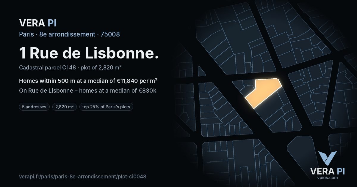 1 Rue de Lisbonne, 8e arrondissement at night – the plot lit, the parcels around coloured by the prices near them
