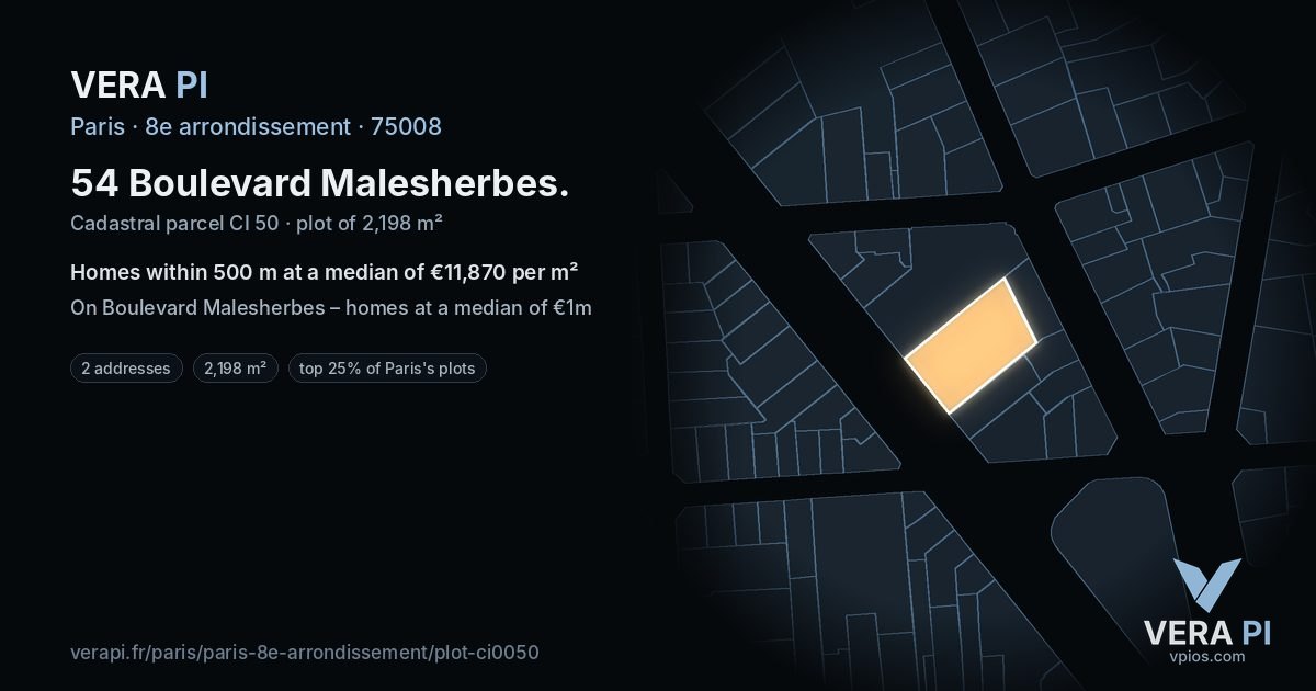 54 Boulevard Malesherbes, 8e arrondissement at night – the plot lit, the parcels around coloured by the prices near them