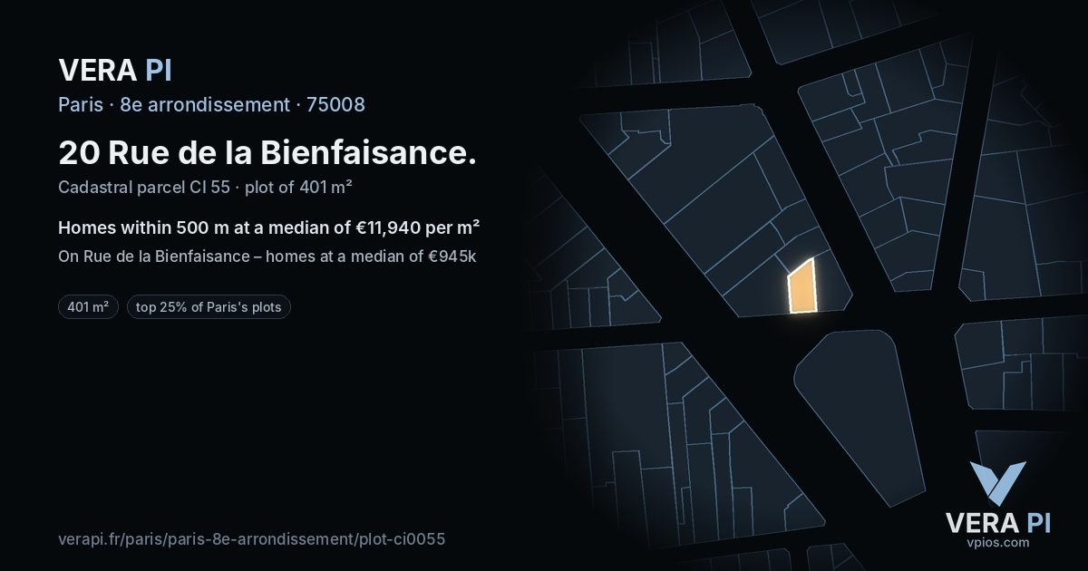 20 Rue de la Bienfaisance, 8e arrondissement at night – the plot lit, the parcels around coloured by the prices near them