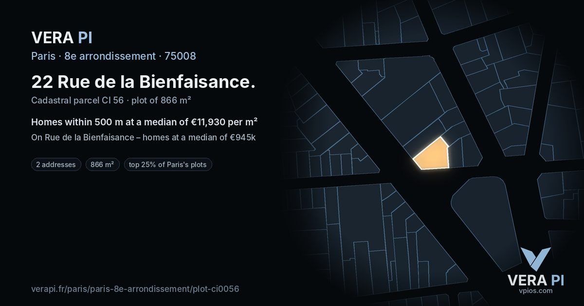 22 Rue de la Bienfaisance, 8e arrondissement at night – the plot lit, the parcels around coloured by the prices near them