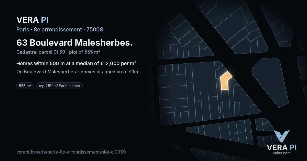 63 Boulevard Malesherbes, 8e arrondissement at night – the plot lit, the parcels around coloured by the prices near them