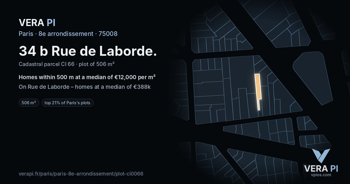 34 b Rue de Laborde, 8e arrondissement at night – the plot lit, the parcels around coloured by the prices near them