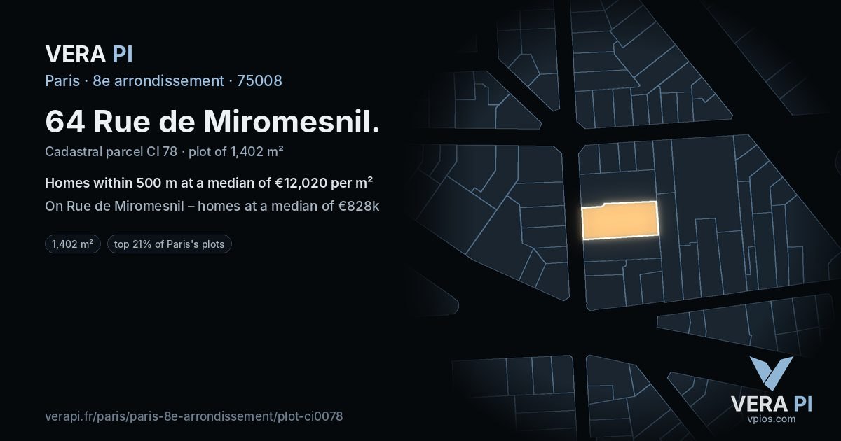 64 Rue de Miromesnil, 8e arrondissement at night – the plot lit, the parcels around coloured by the prices near them
