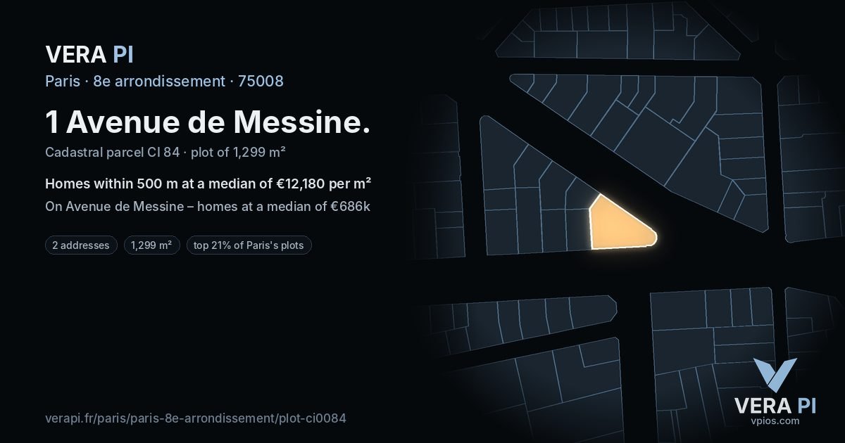 1 Avenue de Messine, 8e arrondissement at night – the plot lit, the parcels around coloured by the prices near them