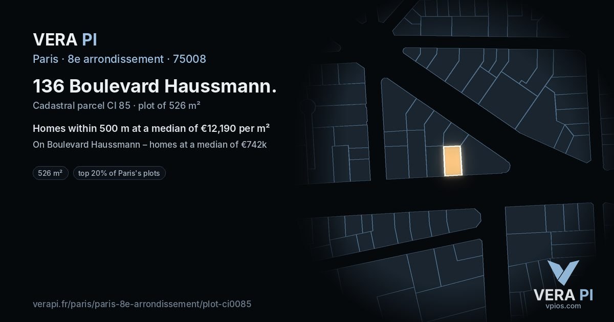 136 Boulevard Haussmann, 8e arrondissement at night – the plot lit, the parcels around coloured by the prices near them