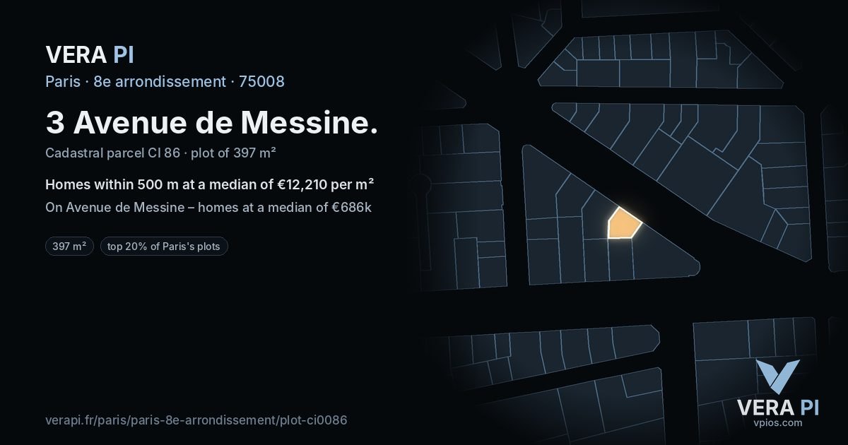 3 Avenue de Messine, 8e arrondissement at night – the plot lit, the parcels around coloured by the prices near them