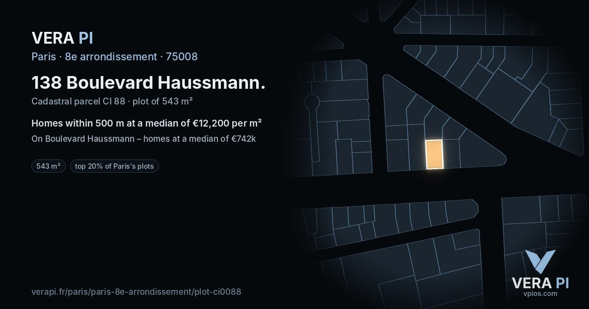 138 Boulevard Haussmann, 8e arrondissement at night – the plot lit, the parcels around coloured by the prices near them
