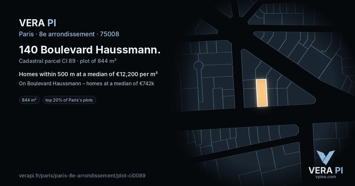 140 Boulevard Haussmann, 8e arrondissement at night – the plot lit, the parcels around coloured by the prices near them