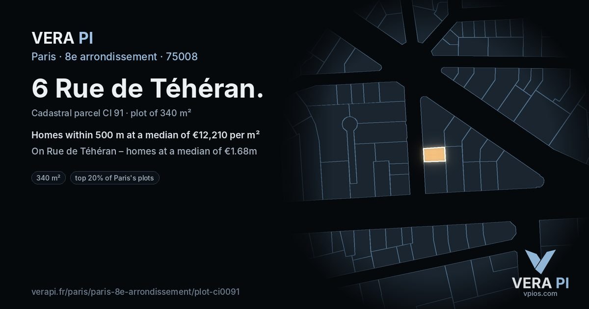6 Rue de Téhéran, 8e arrondissement at night – the plot lit, the parcels around coloured by the prices near them