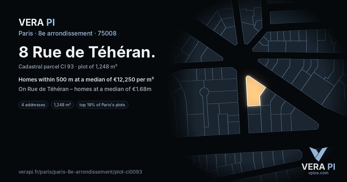 8 Rue de Téhéran, 8e arrondissement at night – the plot lit, the parcels around coloured by the prices near them