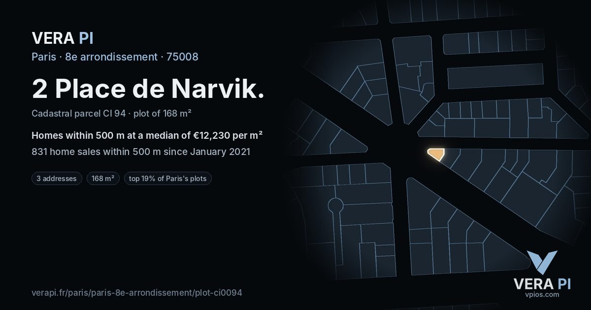 2 Place de Narvik, 8e arrondissement at night – the plot lit, the parcels around coloured by the prices near them
