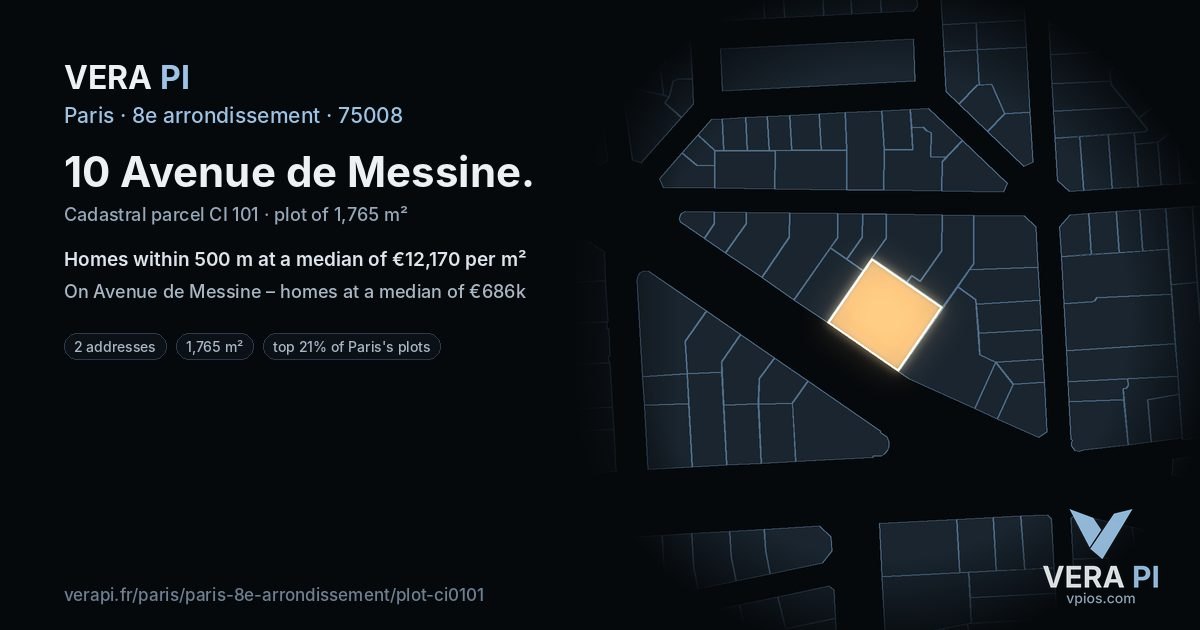 10 Avenue de Messine, 8e arrondissement at night – the plot lit, the parcels around coloured by the prices near them