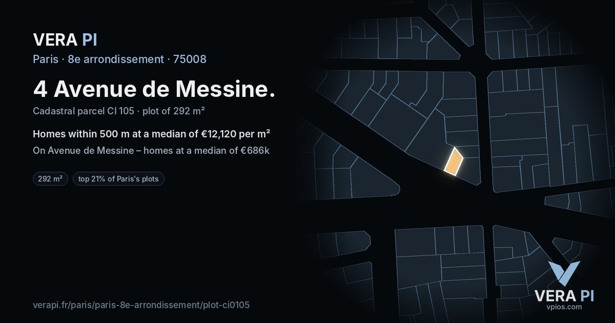 4 Avenue de Messine, 8e arrondissement at night – the plot lit, the parcels around coloured by the prices near them