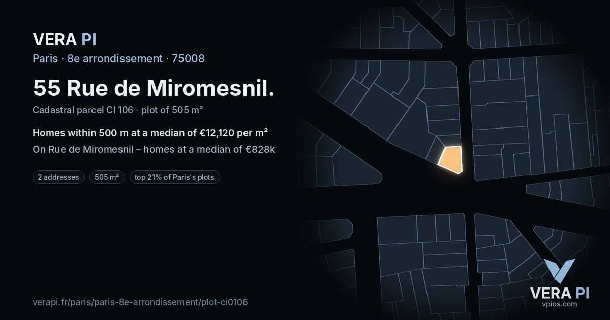 55 Rue de Miromesnil, 8e arrondissement at night – the plot lit, the parcels around coloured by the prices near them