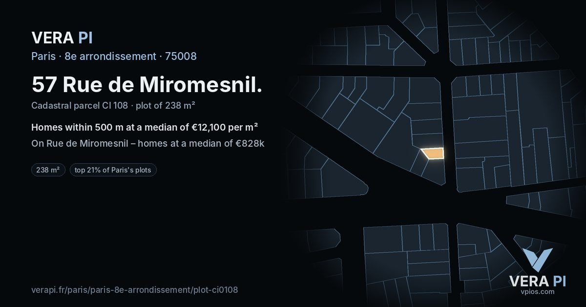 57 Rue de Miromesnil, 8e arrondissement at night – the plot lit, the parcels around coloured by the prices near them