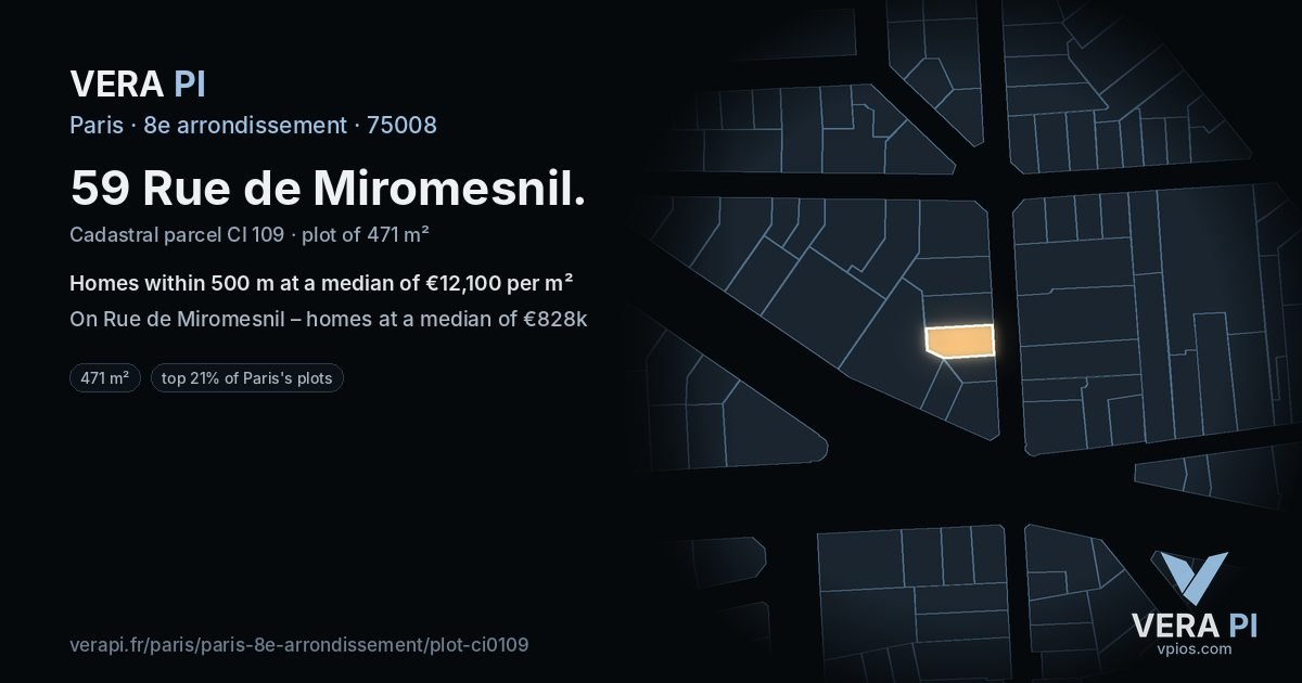 59 Rue de Miromesnil, 8e arrondissement at night – the plot lit, the parcels around coloured by the prices near them