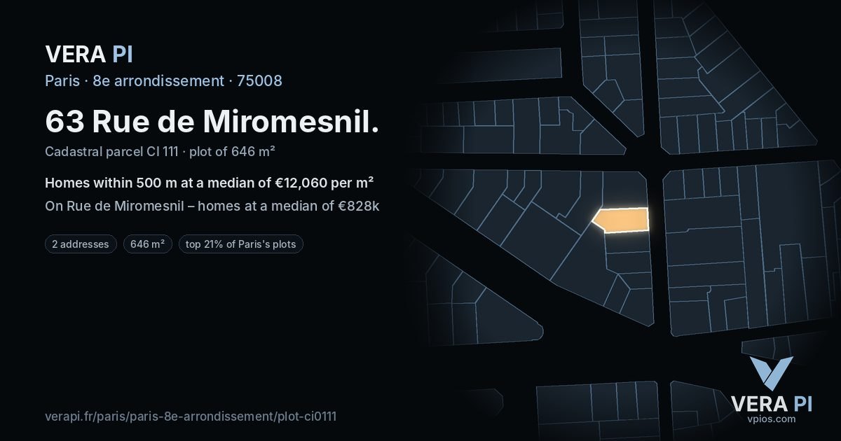 63 Rue de Miromesnil, 8e arrondissement at night – the plot lit, the parcels around coloured by the prices near them