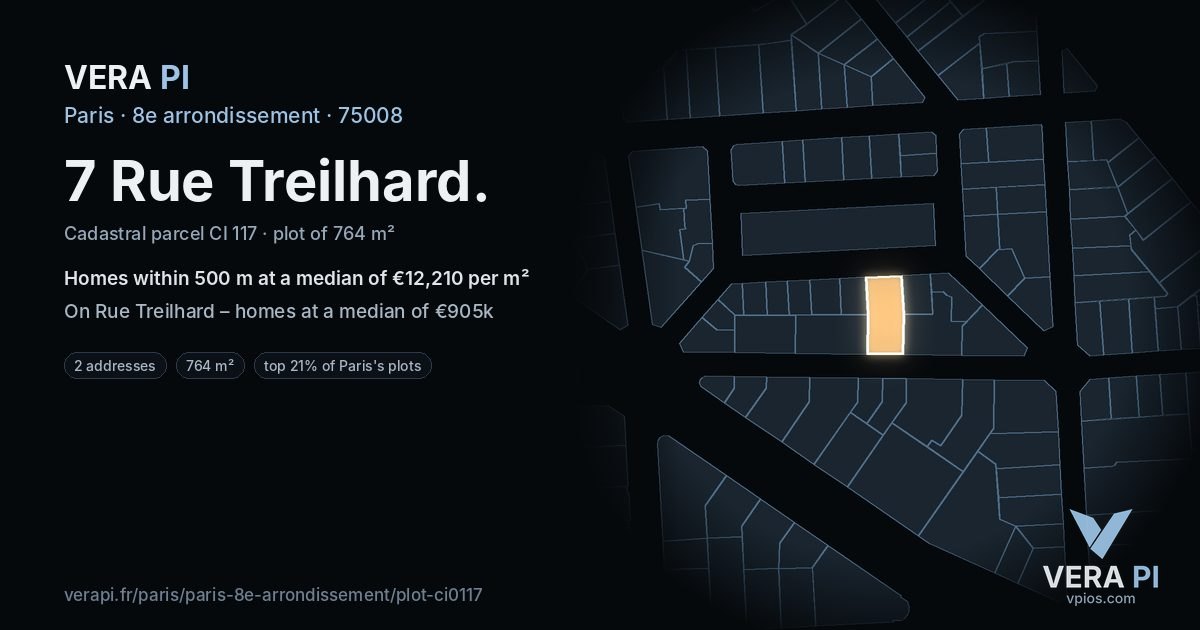 7 Rue Treilhard, 8e arrondissement at night – the plot lit, the parcels around coloured by the prices near them