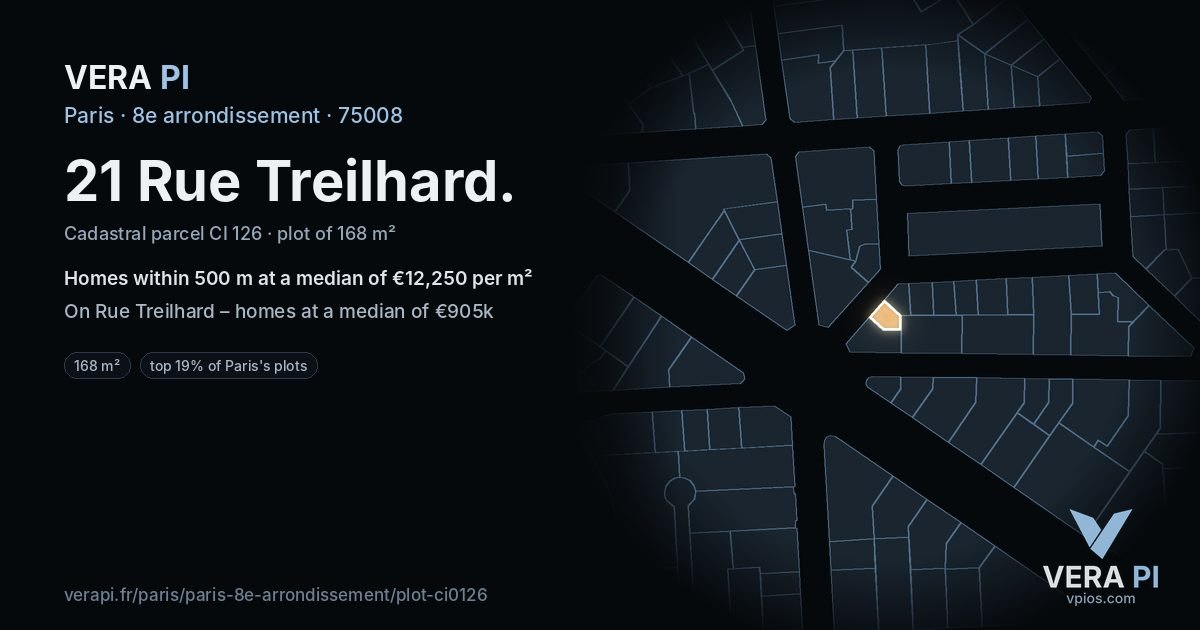 21 Rue Treilhard, 8e arrondissement at night – the plot lit, the parcels around coloured by the prices near them