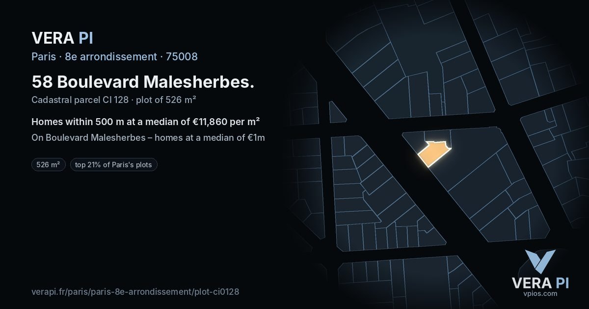 58 Boulevard Malesherbes, 8e arrondissement at night – the plot lit, the parcels around coloured by the prices near them