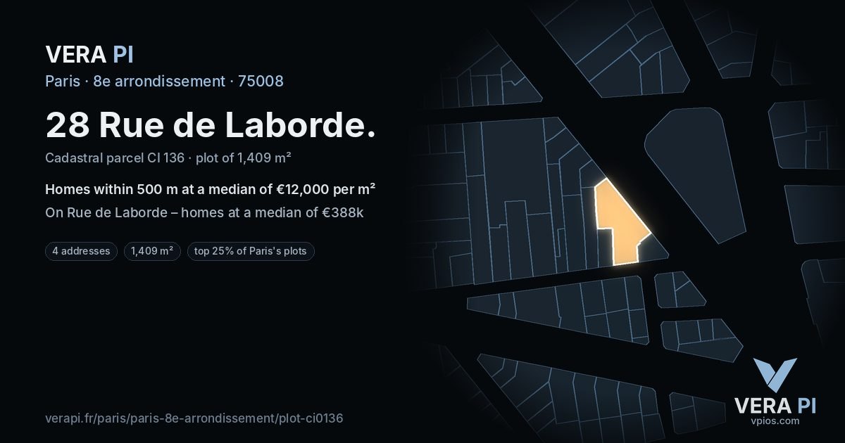 28 Rue de Laborde, 8e arrondissement at night – the plot lit, the parcels around coloured by the prices near them