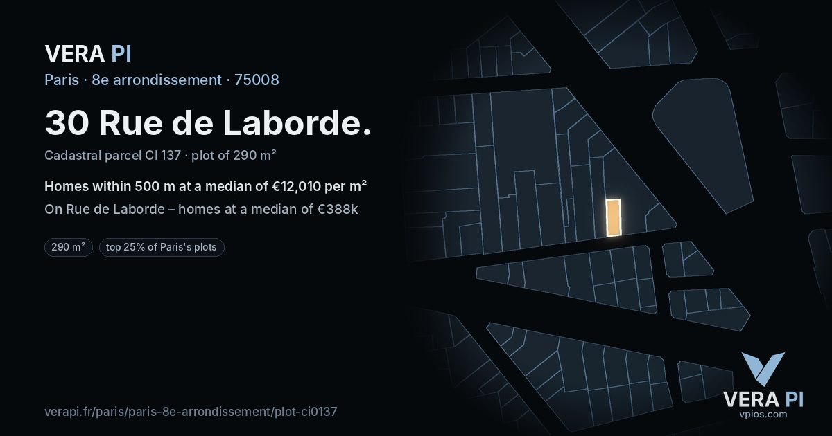30 Rue de Laborde, 8e arrondissement at night – the plot lit, the parcels around coloured by the prices near them