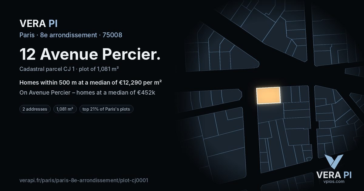 12 Avenue Percier, 8e arrondissement at night – the plot lit, the parcels around coloured by the prices near them