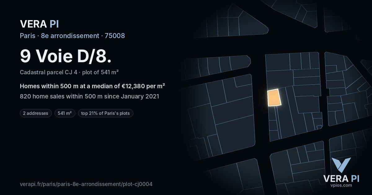9 Voie D/8, 8e arrondissement at night – the plot lit, the parcels around coloured by the prices near them
