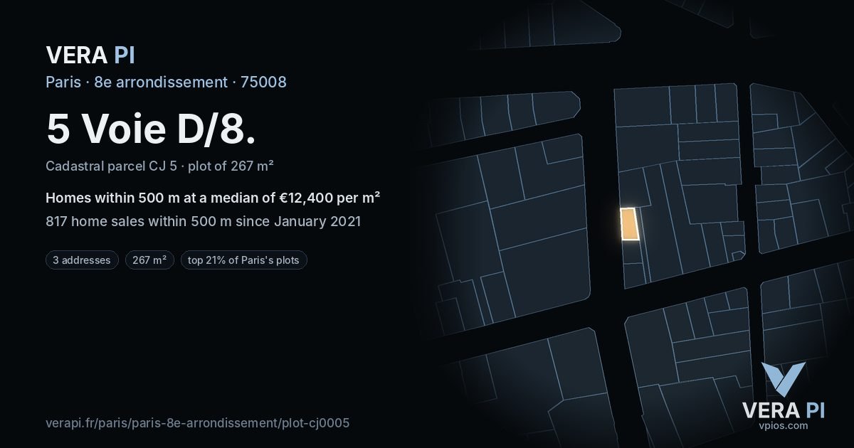 5 Voie D/8, 8e arrondissement at night – the plot lit, the parcels around coloured by the prices near them