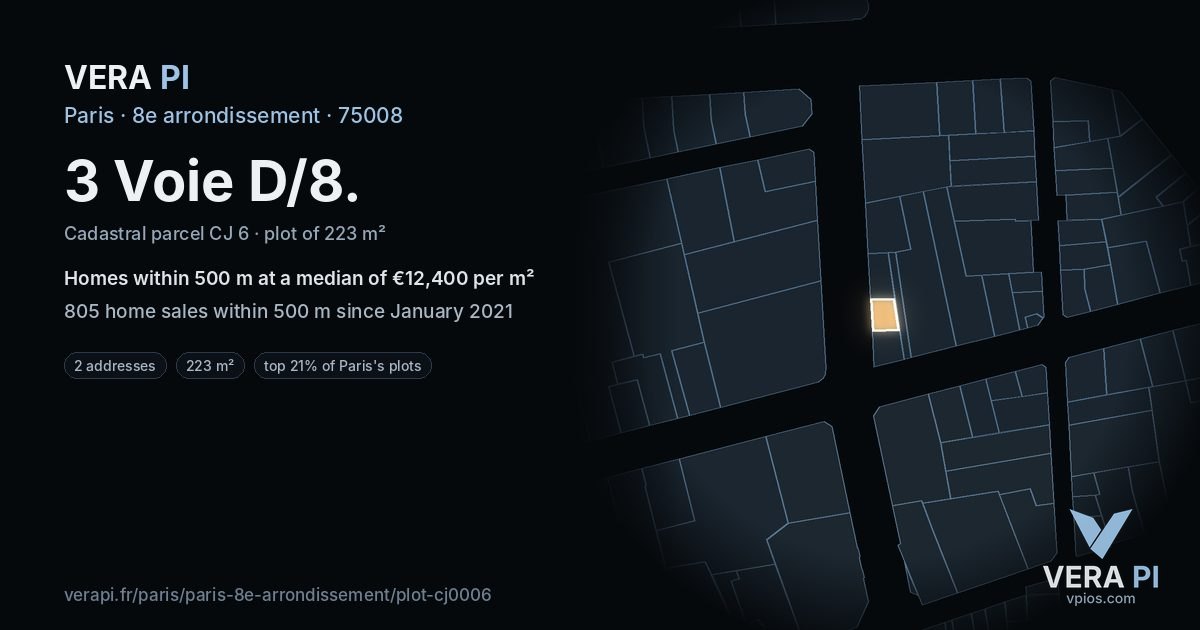 3 Voie D/8, 8e arrondissement at night – the plot lit, the parcels around coloured by the prices near them