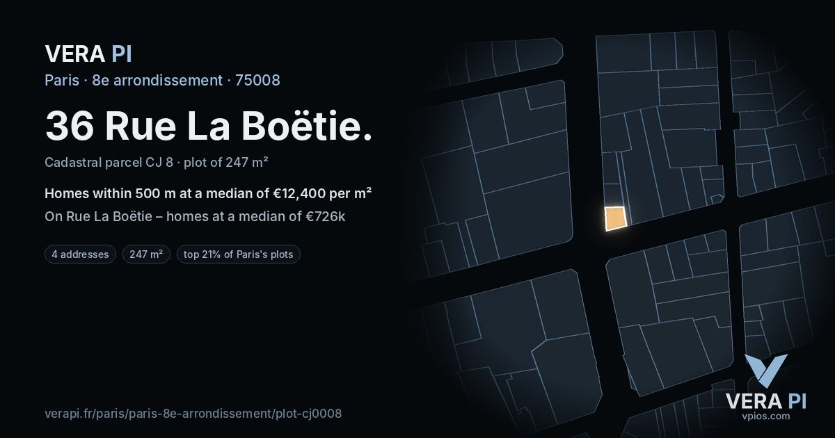 36 Rue La Boëtie, 8e arrondissement at night – the plot lit, the parcels around coloured by the prices near them