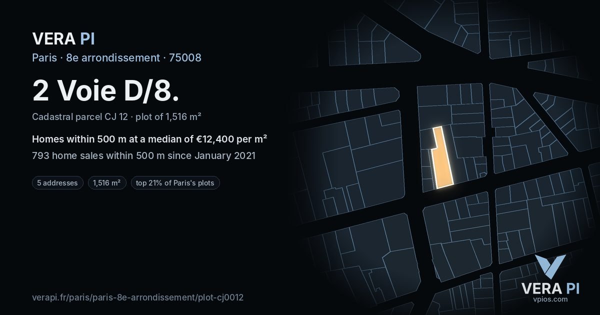 2 Voie D/8, 8e arrondissement at night – the plot lit, the parcels around coloured by the prices near them