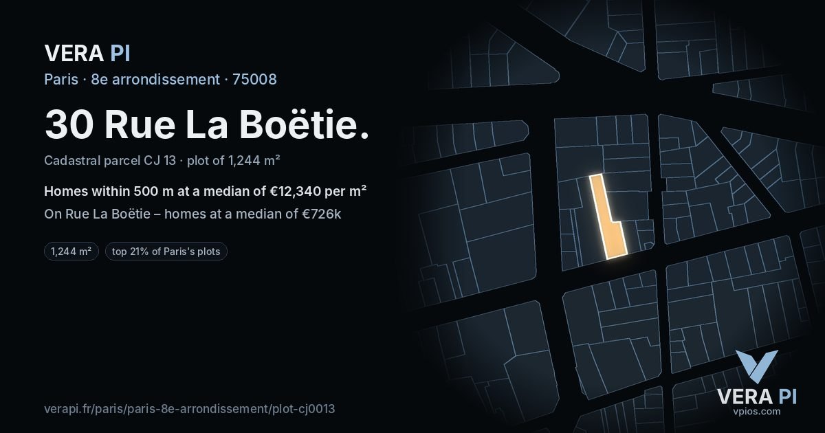 30 Rue La Boëtie, 8e arrondissement at night – the plot lit, the parcels around coloured by the prices near them