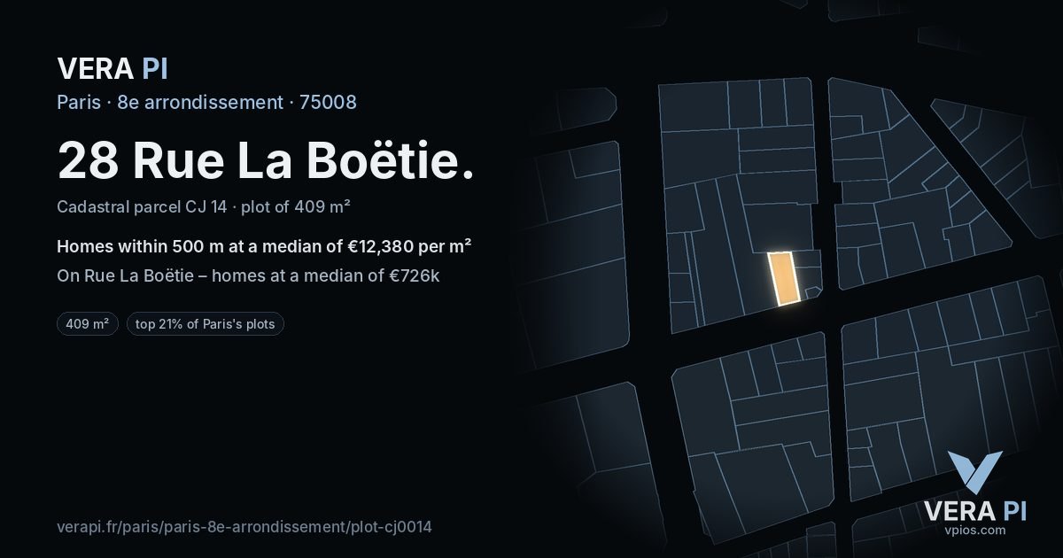 28 Rue La Boëtie, 8e arrondissement at night – the plot lit, the parcels around coloured by the prices near them