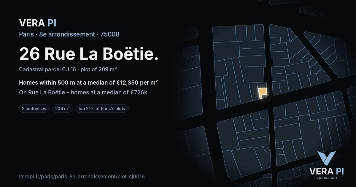 26 Rue La Boëtie, 8e arrondissement at night – the plot lit, the parcels around coloured by the prices near them