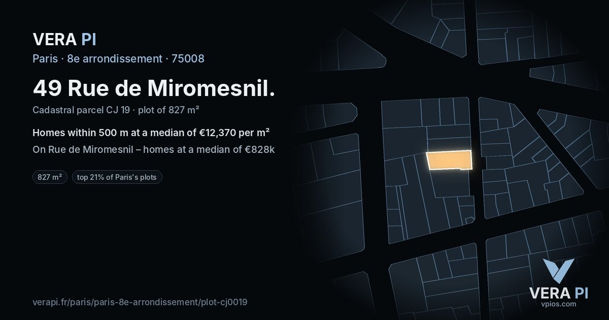 49 Rue de Miromesnil, 8e arrondissement at night – the plot lit, the parcels around coloured by the prices near them